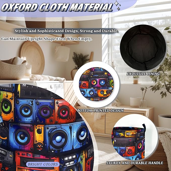 Retro Radio Tape Laundry Basket Oxford Cloth Colorful Music Laundry Hamper With Handle Foldable Portable Clothes Storage Basket Funny Laundry Bag 18.9"x16.5" For Laundry Room/Bedroom/Bathrooms