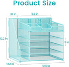 Lavatino 5-Tier Metal Mesh Desk Organizer with File Holder & 7 Customizable Compartments | Paper Letter Tray for Office or Home Desk Storage | Keep Workspace Supplies Neat & Organized, Blue