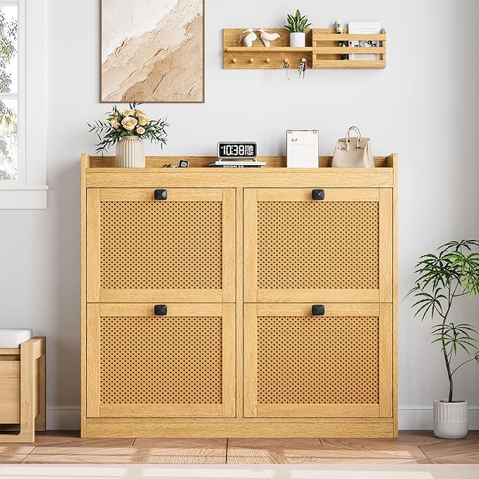 GarveeHome Shoe Cabinet Rattan with 4 Flip Drawers, Wooden Freestanding Shoe Organizer with Adjustable Shelves, Shoe Storage for Entryway, Closet, Hallway