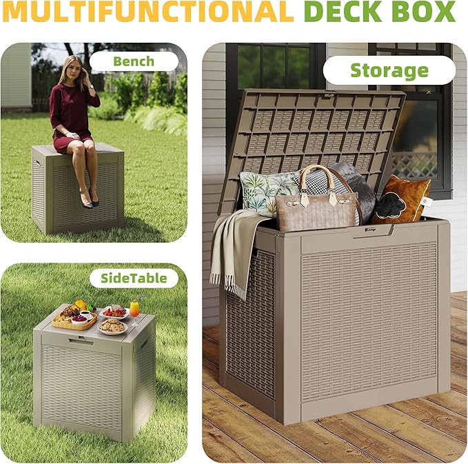 Vixzen 31 Gallon Waterproof Resin Deck Box, UV Resistant Outdoor Storage for Garden, Patio, Porch, Delivery,Rattan （Grey，31 Gallon）