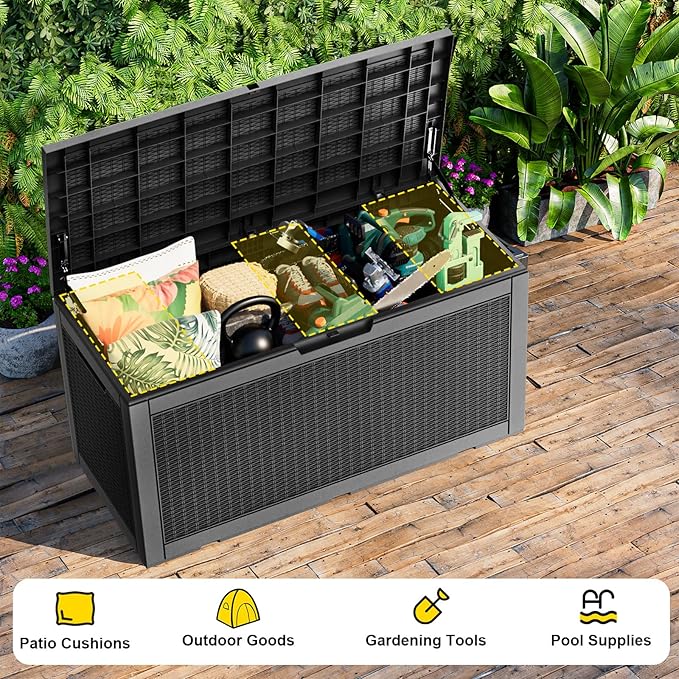 EasyUp 120 Gallon Waterproof Deck Box, Lockable Resin Outdoor Storage Box, Durable Storage Bin with Reinforced Hydraulic Rod for Patio Furniture, Garden Tools, Pool Accessories, Indoor Cushion, Black