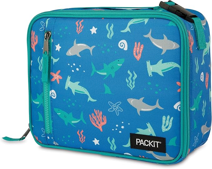 PackIt(R) Freezable Classic Lunch Box, Sea Shark, Built with EcoFreeze(R) Technology, Collapsible, Reusable, Zip Closure With Zip Front Pocket and Buckle Handle, Designed for Fresh Lunch On the Go