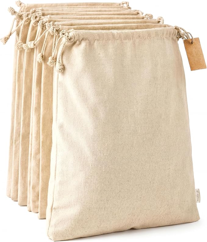 LEAFICO Cotton Storage Bags – X-Large 14x17 Inch (6-Pack) – Reusable Muslin Bags with Drawstrings – Biodegradable Canvas Fabric Sacks – Perfect for Bread, Bulk Produce, Potatoes, Onions, Shoes