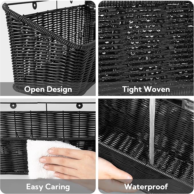 GRANNY SAYS Wicker Hanging Basket, 2 Pack Wall Basket for Kitchen, Fruit and Vegetable Storage Cabinet, Pantry Storage Spice Organization for Cabinet, Adhesive Shelf for Bathroom, Black