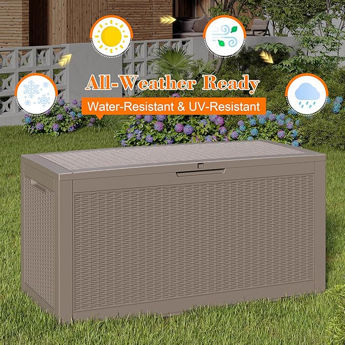 KAMABOKO 101 Gallon Waterproof Large Resin Deck Box, Lockable Large Outdoor Storage Boxes Indoor Outdoor Storage Container for Patio Cushions, Gardening Tools, Pool Supplies, Grey