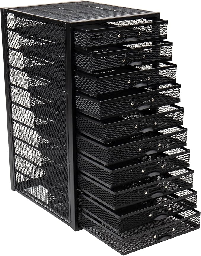Mind Reader 10-Drawer Desk Organizer for Office Supplies, Crafts, Mail Sorting & More, Metal Mesh, 10.75"L x 14"W x 21.25"H, Black