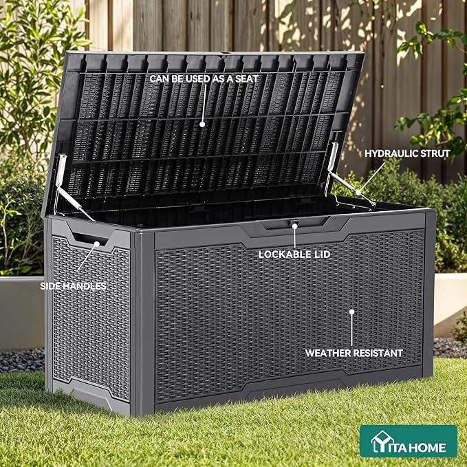 YITAHOME 100 Gallon Large Resin Deck Box Outdoor Storage Boxes for Patio Furniture, Outdoor Cushions, Garden Tools and Pool Supplies-Waterproof,Lockable (Dark grey)