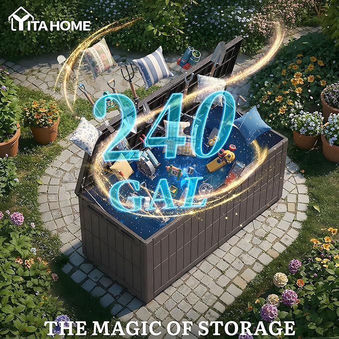 YITAHOME XXL 240 Gallon Extra Large Deck Box, Waterproof Resin Outdoor Storage Box with Lock and 3-Person Bench Seating for Patio Furniture Cushions,Garden Tools & Pool Accessories, Dark Brown