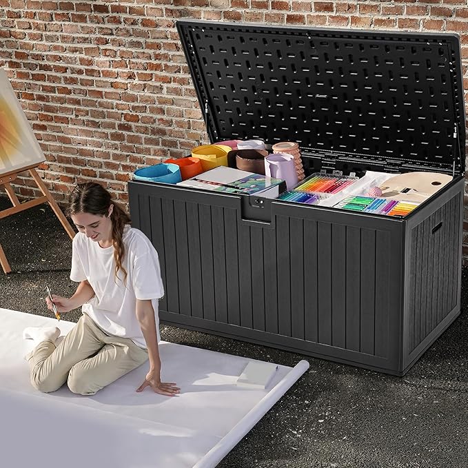 DWVO 230 Gallon Resin Outdoor Storage Box, XXL Double-Wall Waterproof Deck Box with Divider, Doubles as Table or Seating with 1000 lbs Capacity, Lockable (Black)