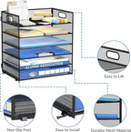 Daltack 6 Tier Paper Organizer for Desk, Paper Letter Tray Organizer for Desks, Mesh Desk File Organizers with Handle for Office, Home, School, Black