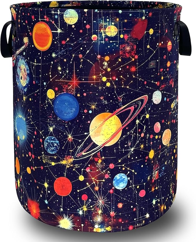 Colorful Planets Laundry Basket Oxford Cloth Starry Sky Galaxy Laundry Hamper With Handle Foldable Portable Clothes Storage Basket Funny Laundry Bag 18.9"x16.5" For Laundry Room/Bedroom/Bathrooms