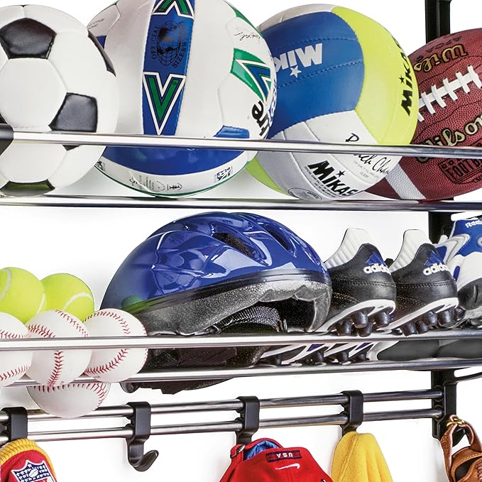LYNK® Garage Sports Equipment Organizer - Wall Mount Ball Rack - Sports Equipment Storage - Ball Storage for Garage - Garage Toy Storage - Easy to Install Sports Storage Organizer for Garage - Black