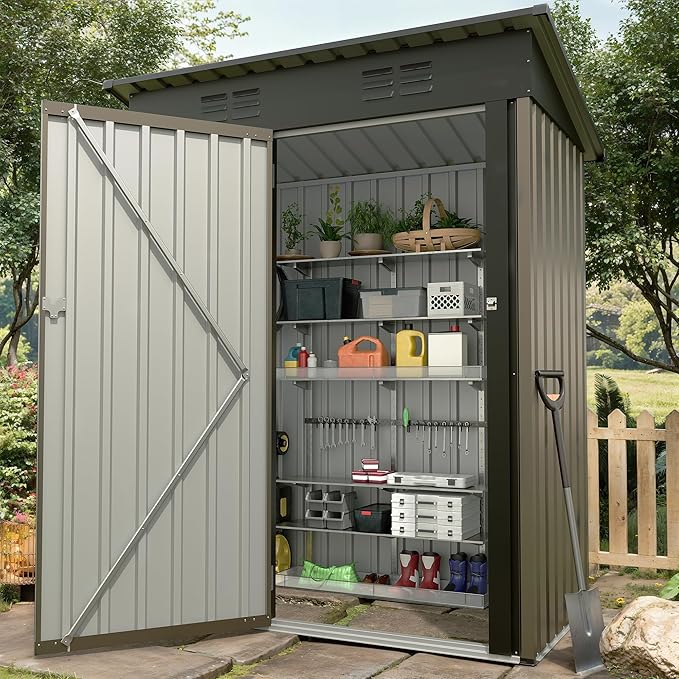 5×3FT Storage Shed，67CU.FT Tool Shed with Sloping Roof and Lockable Door, Compact Metal Tool Garden Shed for Garden, Backyard, Patio (Brown)