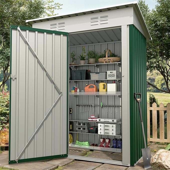 5×3FT Storage Shed，67CU.FT Tool Shed with Sloping Roof and Lockable Door, Compact Metal Tool Garden Shed for Garden, Backyard, Patio
