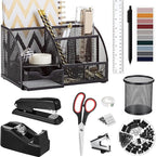 Black Office Desk Accessories Supplies, 12pcs Desk Organizers and Accessories with Tape dispenser and Stapler,Staples,Staple Remover,Pen Holder,Scissor,Ruler,Sticky Tabs,Tape,Ballpoint Pen,Clips Set
