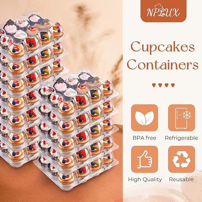 12 Count Cupcake Containers 12 Pack Cupcake Holders with Detachable Tall Dome Lids Clear Plastic Stackable Cupcake Boxes for 144 Cupcakes, BPA Free, Standard Size