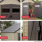 Rubbermaid Resin Outdoor Storage Shed with Floor (7 x 7 Ft) Weather Resistant, Brown Gable, Organization for Home/Backyard/Garden Tools/Lawn Mower/Bike Storage/Pool Supplies