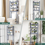 Smiry Over The Toilet Storage Cabinet, 4-Tier Bamboo Bathroom Organizers with Adjustable Shelf & 4 Hooks, Space Saving Shelf Rack for Bathrooms, Laundry Room, Balcony, Grey