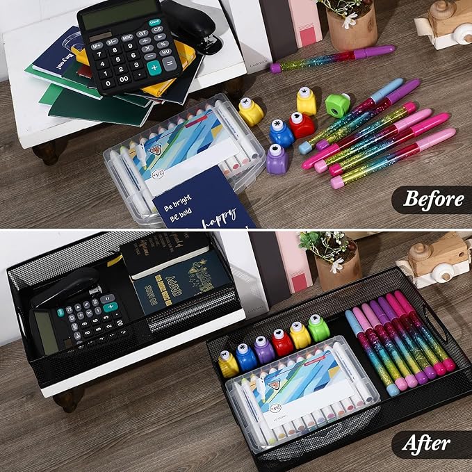 Tandefio 3 Pcs Desk Drawer Organizer Bulk Metal Mesh Trays A4 Large Desktop Storage Box Portable Wire File Basket with Handle for Office Supplies Craft Magazine Paper 12.87" x 9" x 2.4"(Black)