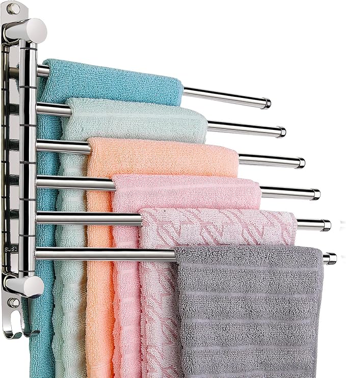 6 - Arm Stainless Steel Swivel Towel Rack with Hook: Wall - Mounted, Rustproof Space - Saver for Bathroom & Kitchen - 180° Rotation, 14kg Capacity
