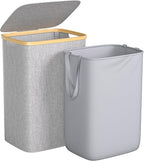 Large Laundry Hamper, 75L Waterproof Laundry Basket with Lid and Removable Bag, Collapsible Tall Clothes Hamper with Bamboo Handles for Clothes Toys in Dorm Bedroom Bathroom, Grey