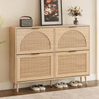 Shoe Cabinet for Entryway with 4 Flip Drawers, Slim Wooden Shoe Storage Organizer with Modern Fluted Pannel，Freestanding Narrow Hidden Shoe Rack for Hallway, Foyer, Living Room