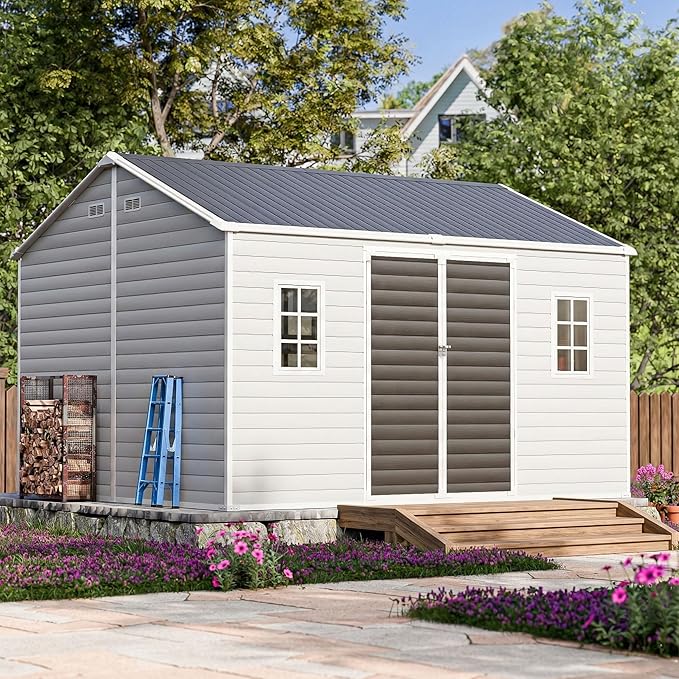 10x12 FT Large Resin Plastic Shed with Floor, Heavy-Duty 21-Gauge Reinforced Steel Frame, 16mm Ultra-Thick Panels, Estate-Size Storage Sheds with 2 Awning Windows for Tractors & Patio Furniture