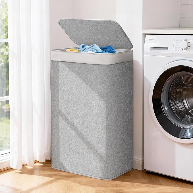 STORAGE MANIAC 2-in-1 Laundry Hamper with Laundry Backpack Bag, 90L Metal Frame Laundry Basket, Dirty Clothes Bag with Shoulder Straps and Mesh Pocket for College, Travel, Laundromat, Apartment, Gray