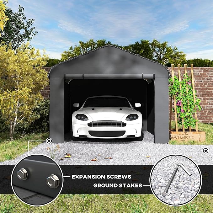 Outsunny 10' x 15' Heavy Duty Metal Carport, Waterproof Garage Car Canopy Shelter with Galvanized Metal Roof and Removable Sidewalls for Cars, Boats, Tractors, Dark Gray