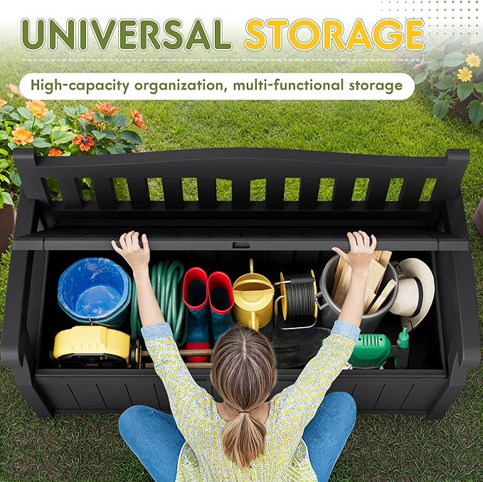 Greesum 80 Gallon Outdoor Storage Bench Deck Box with Cushion & Armrest, Lockable, Waterproof UV Resistant, Comfortable Seating for Patio, Pool, Garden, Black