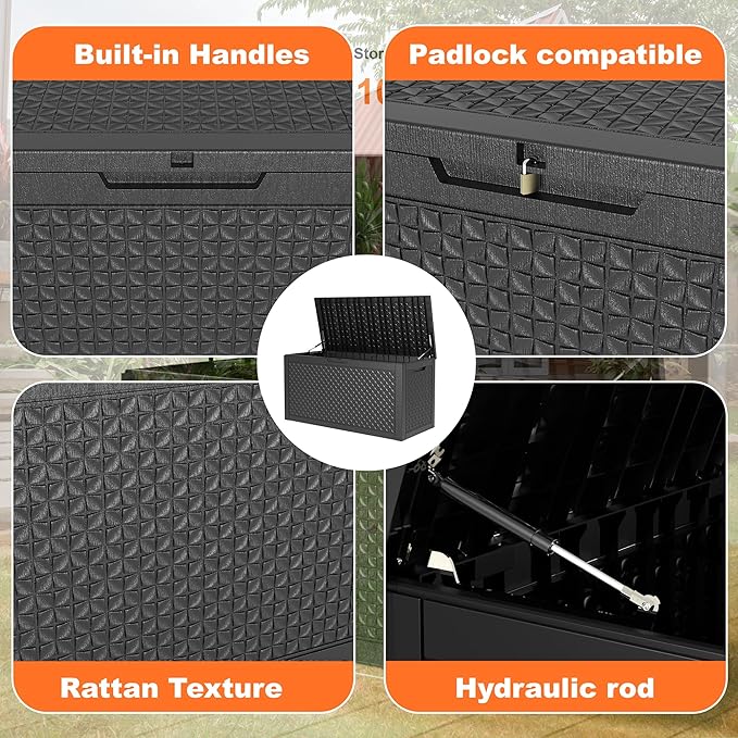 121 Gallon Large Deck Box,Resin Outdoor Storage Box with Lockable for Patio Furniture, Pool Accessories, Garden Tools Waterproof Outside Storage Box, Black