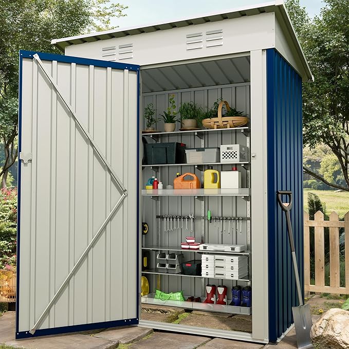 5×3FT Storage Shed，67CU.FT Tool Shed with Sloping Roof and Lockable Door, Compact Metal Tool Garden Shed for Garden, Backyard, Patio