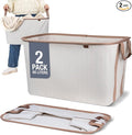CleverMade Collapsible Laundry Basket LUXE 2 Pack – 60 L (16 Gal) Foldable Cotton Blend Clothes Hamper with Vegan Leather Accents, Reinforced Handles, Space Saving Laundry Bin Holds 55 lbs - Cream