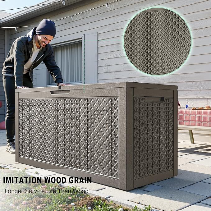 110 Gallon Deck Box Outdoor, Waterproof Outdoor Storage Boxes with Lids, Outside Resin Lockable Storage Box for Patio Cushions, Garden Tools(Grey)