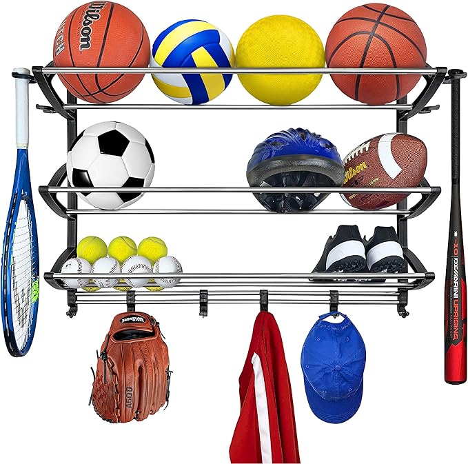 LYNK® Garage Sports Equipment Organizer - Wall Mount Ball Rack - Sports Equipment Storage - Ball Storage for Garage - Garage Toy Storage - Easy to Install Sports Storage Organizer for Garage - Black
