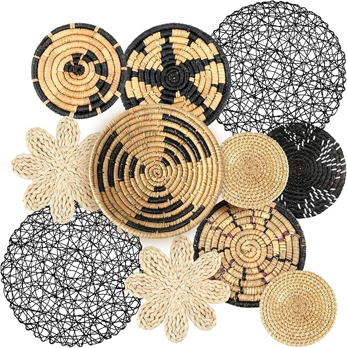 Tatuo 11 Pcs Boho Wall Basket Decor Decorative Bulrush Woven Basket Wall Decor Art Round Farmhouse Hanging Baskets for Kitchen Rustic Home Summer Decorations, Multi Sizes(Fresh)
