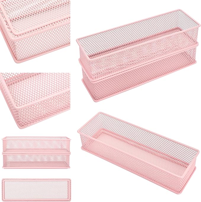 Annova Mesh Stackable Drawer Cabinet and Shelf Organizer Bins Storage Basket School Office Supply Holder Tray- Set of 2 (Light Pink, 3x9x2 Inch)