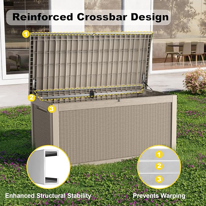 320 Gallon Outdoor Waterproof Resin Storage Deck Box Lockable Outside Bench UV Resistant Bin Patio Porch Furniture Pool Float Garden Tool Cushion Grey