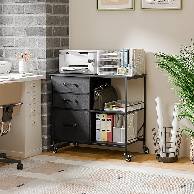 ZENY Lateral File Cabinet with 3 Drawers, Mobile File Cabinet Printer Stand, Rolling Fabric Lateral Filing Cabinet for Office Home Small Space (Black)