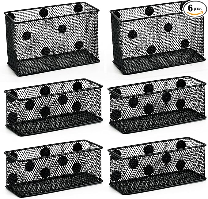 Neudeco Magnetic Locker Organizer and Accessories, Wire Mesh Magnetic Storage Basket, Magnetic Holder for Dry Erase Markers, Strong Magnet Pen Holder for Fridge School, Black, Pack of 6