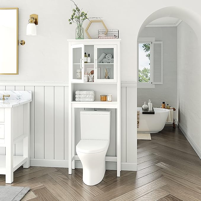 Spirich Over The Toilet Cabinet for Bathroom Storage, Above Toilet Storage Cabinet with Moru Tempered Glass Doors, White