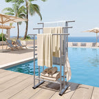 ELYKEN 3 Tier Standing Towel Rack, 40'' Tall Towel Drying Rack Outdoor, Freestanding Floor Towel Rack with Shelf, Pool Towel Blanket Stand, Metal Towel Racks for Bathroom freestanding, Smooth Silver