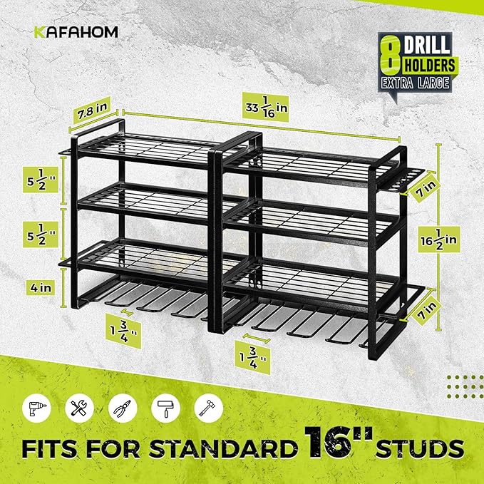 KAFAHOM Power Tool Organizer Wall Mount, 4-Tier Drill Holder for Cordless Tools, 2-Pack Set, Garage Storage Rack with Side Hooks for Hammers & Pliers, Tool Organizer for Workshop/Utility Room