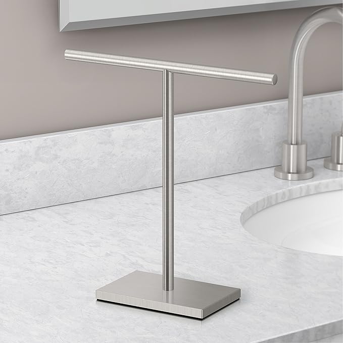 Gatco 1444SN, Modern Rectangle Base Freestanding Countertop Towel Holder, Satin Nickel / 10.50"W x 11.13"H T-Shape Style Countertop Hand Towel Holder for Bathroom, Kitchen/ Fingertip Towel Rack