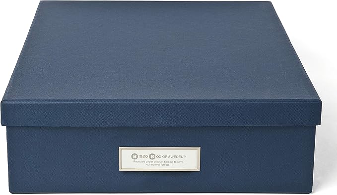Bigso Oskar Fiberboard Label Frame Document Letter Box - File Organizer Box for Important Paperwork - Document Storage with a Lid & Metal Label Window - 3.3 in x 10.2 in x 13.8 in - Dark Blue