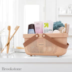 Brookstone Modern Large Portable Shower Caddy with Soft Silicone Carrying Handle, Bathroom Organizer Basket, Plastic Bath Tote and Shower Organizer, Quick Dry Drainage Holes, BPA Free, Blush