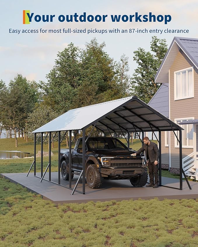 GarveeLife 13x26 ft Metal Carport with Vertical Roof, Heavy-Duty Metal Car Port 120° Steep-Pitch Roof, 133" High-Clearance for Full-Sized Pickups, Tractors, and Bass Boats