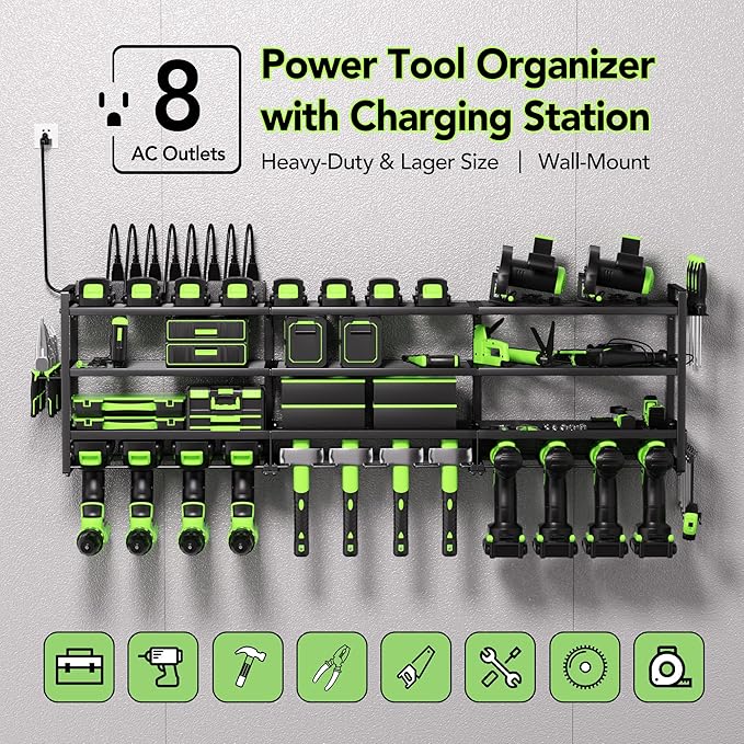 Power Tool Organizer Wall Mount with Charging Station – 12 Drill Holder Rack with 8-Outlet Power Strip, Heavy Duty Garage Battery Charging Station, Tool Storage Rack for DeWalt, Milwaukee