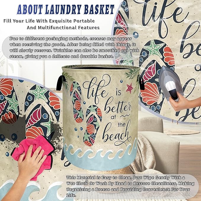 Funny Beach Laundry Basket Oxford Cloth Colorful Hawaii Laundry Hamper With Handle Foldable Portable Clothes Storage Basket Ocean Laundry Bag 18.9"x16.5" For Laundry Room/Bedroom/Bathrooms