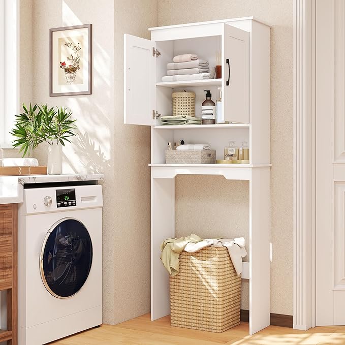 Tangkula Over The Toilet Storage Cabinet, Bathroom Space Saver Organizer with Dual Doors, Open Shelf, 5-Level Adjustable Inner Shelf, Bathroom Cabinet Above Toilet for Restroom, Laundry (White)